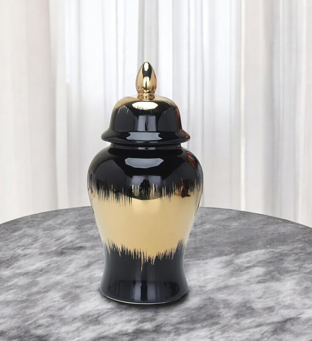 Homeroots 14" Black And Gold Abstract Urn Ceramic Ginger Jar - Stylish Decorative Accent For Modern Homes  Ceramic 571629