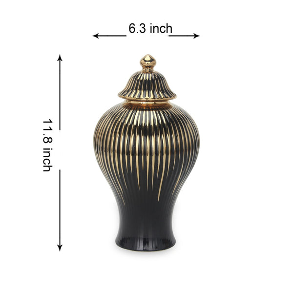 Homeroots 12" Black And Gold Striped Urn Ceramic Ginger Jar - Chic Decorative Accent For Modern Interiors  Ceramic 571631