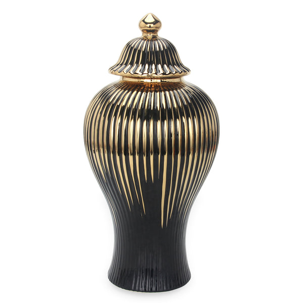 Homeroots 17" Black And Gold Striped Urn Ceramic Ginger Jar  Ceramic 571632