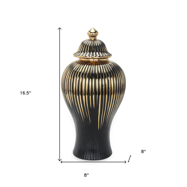 Homeroots 17" Black And Gold Striped Urn Ceramic Ginger Jar  Ceramic 571632