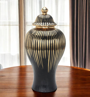 Homeroots 17" Black And Gold Striped Urn Ceramic Ginger Jar  Ceramic 571632