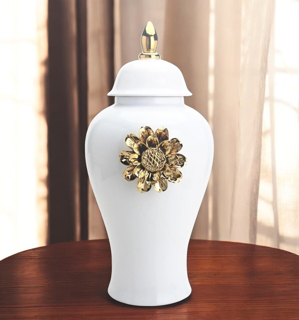 Homeroots 19" White And Gold Urn Ceramic Ginger Jar With Sculptural Details  Ceramic 571635