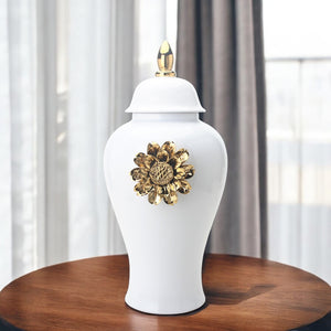 Homeroots 25" White And Gold Urn Ceramic Ginger Jar With Sculptural Details  Ceramic 571636