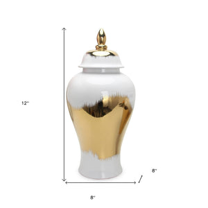 Homeroots 12" White And Gold Modern Abstract Ginger Jar - Elegant Ceramic Urn For Chic Home Decor Accents  Ceramic 571637