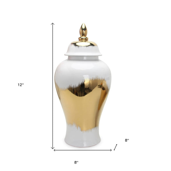 Homeroots 12" White And Gold Modern Abstract Ginger Jar - Elegant Ceramic Urn For Chic Home Decor Accents  Ceramic 571637
