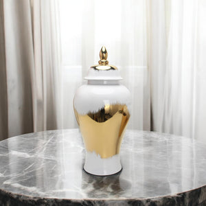 Homeroots 12" White And Gold Modern Abstract Ginger Jar - Elegant Ceramic Urn For Chic Home Decor Accents  Ceramic 571637