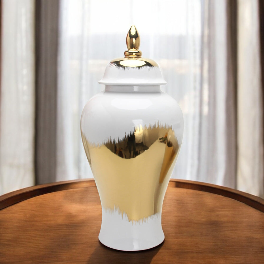 Homeroots 25" White And Gold Abstract Urn Ceramic Ginger Jar  Ceramic 571639