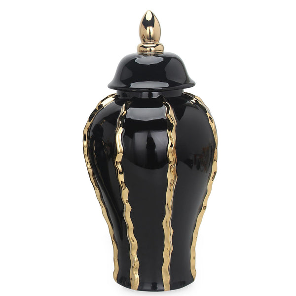 Homeroots 15" Black And Gold Striped Urn Ceramic Ginger Jar – Elegant Decor For Living Room & Dining Areas  Ceramic 571640