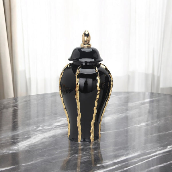Homeroots 15" Black And Gold Striped Urn Ceramic Ginger Jar – Elegant Decor For Living Room & Dining Areas  Ceramic 571640