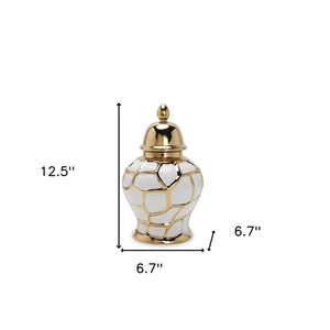 Homeroots 13" Gold And White Abstract Geo Ceramic Ginger Jar - Stylish Home Decor Accent And Storage Solution  Ceramic 571643