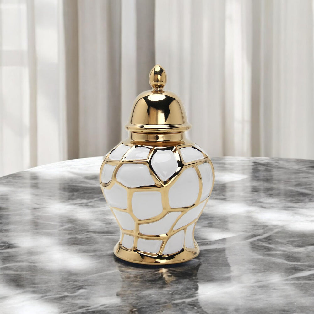 Homeroots 13" Gold And White Abstract Geo Ceramic Ginger Jar - Stylish Home Decor Accent And Storage Solution  Ceramic 571643