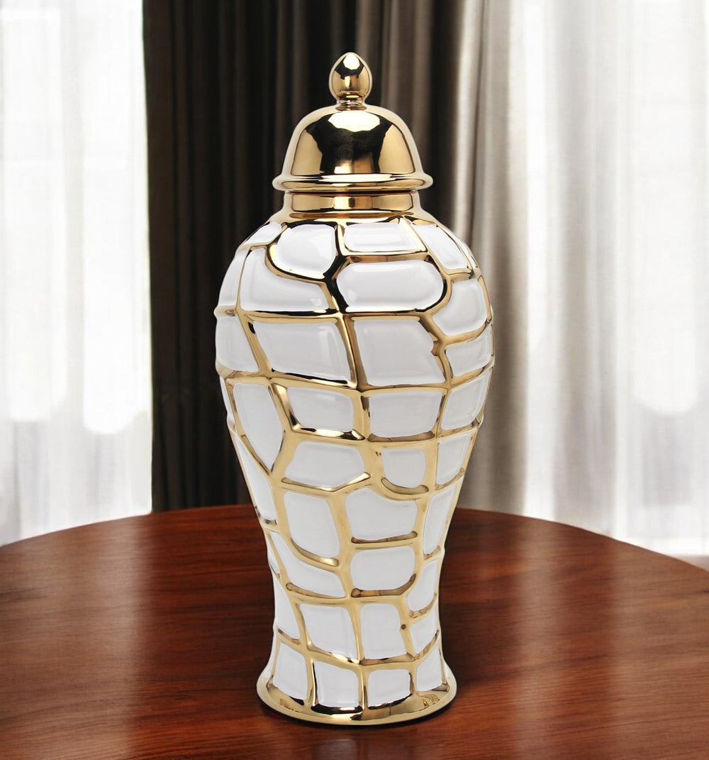 Homeroots 16" White And Gold Abstract Urn Ceramic Ginger Jar  Ceramic 571644