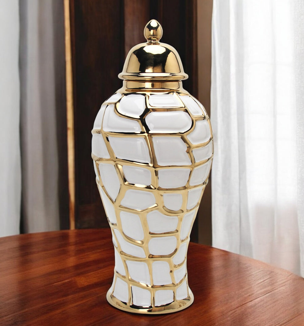 Homeroots 20" White And Gold Abstract Urn Ceramic Ginger Jar  Ceramic 571645