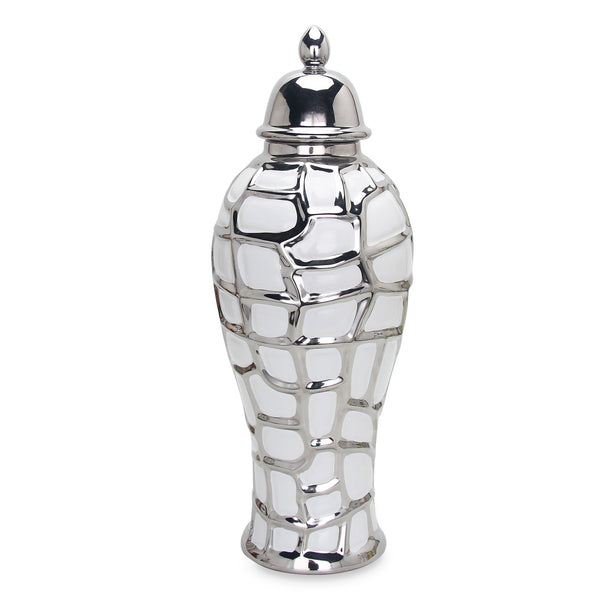 Homeroots 13" White And Silver Abstract Urn Ceramic Ginger Jar  Ceramic 571646