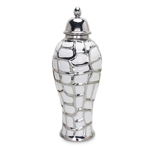 Homeroots 13" White And Silver Abstract Urn Ceramic Ginger Jar  Ceramic 571646