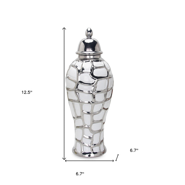 Homeroots 13" White And Silver Abstract Urn Ceramic Ginger Jar  Ceramic 571646