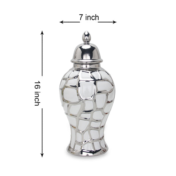 Homeroots 16" White And Silver Abstract Urn Ceramic Ginger Jar  Ceramic 571647
