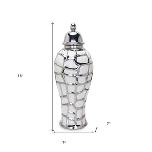 Homeroots 16" White And Silver Abstract Urn Ceramic Ginger Jar  Ceramic 571647