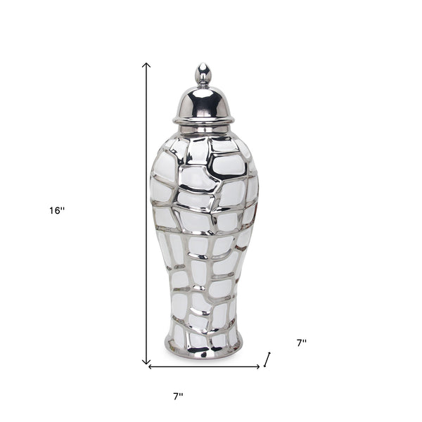Homeroots 16" White And Silver Abstract Urn Ceramic Ginger Jar  Ceramic 571647