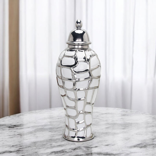 Homeroots 20" White And Silver Abstract Geo Ceramic Ginger Jar - Chic Decor Accent For Modern Interiors  Ceramic 571648