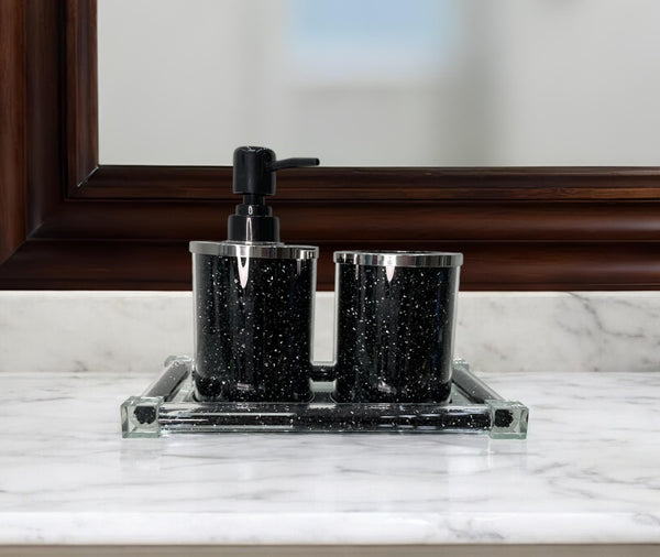 Homeroots Three Piece Black Silver And Clear Glass Bling Bathroom Accessory Set  Glass 571658