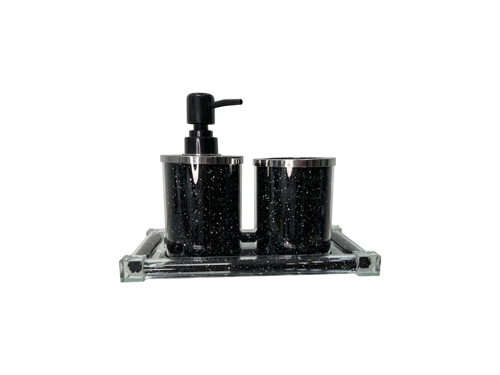 Homeroots Three Piece Black Silver And Clear Glass Bling Bathroom Accessory Set  Glass 571658