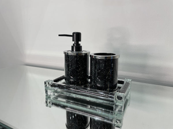 Homeroots Three Piece Black Silver And Clear Glass Bling Bathroom Accessory Set  Glass 571658
