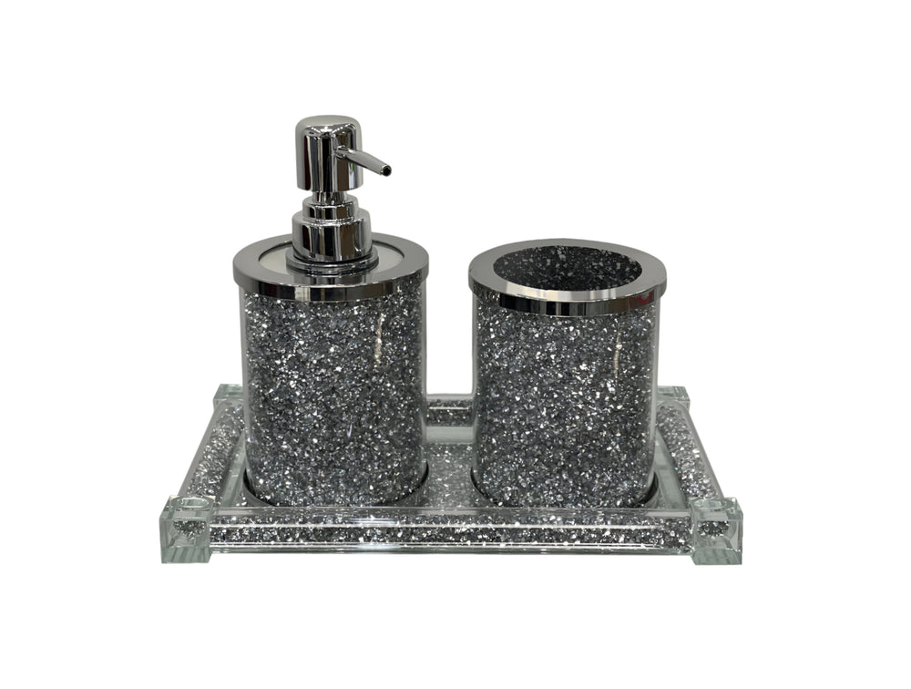 Homeroots Three Piece Clear And Silver Glass Bling Bathroom Accessory Set  Glass 571659