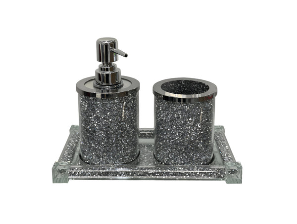 Homeroots Three Piece Clear And Silver Glass Bling Bathroom Accessory Set  Glass 571659