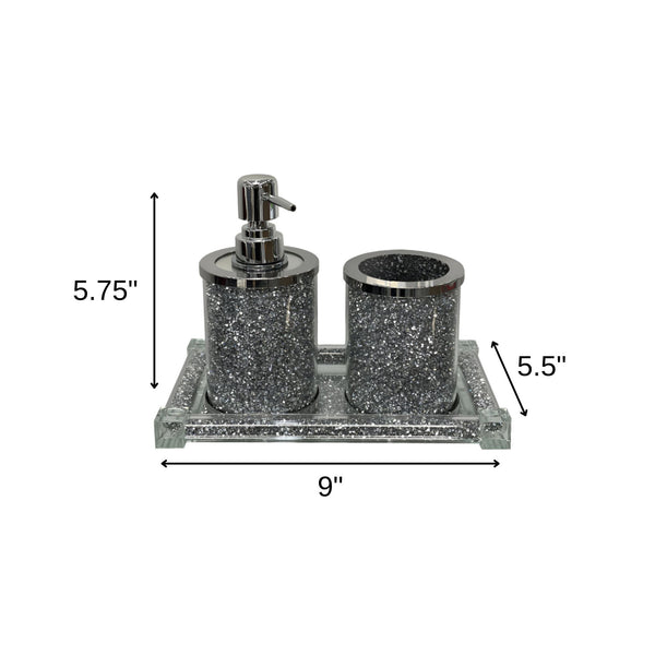 Homeroots Three Piece Clear And Silver Glass Bling Bathroom Accessory Set  Glass 571659