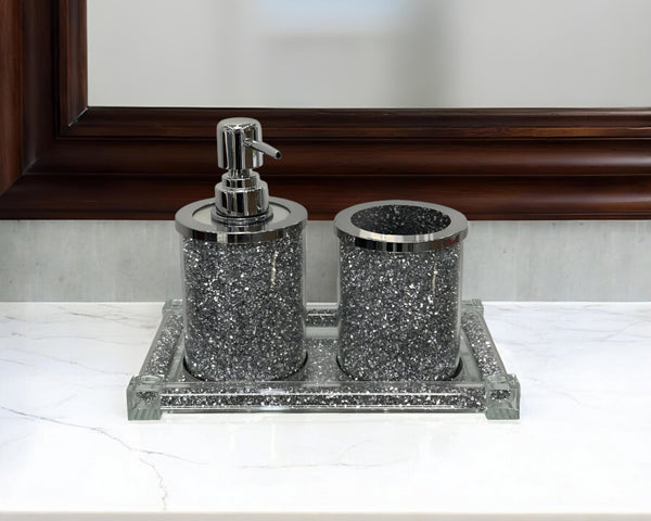 Homeroots Three Piece Clear And Silver Glass Bling Bathroom Accessory Set  Glass 571659