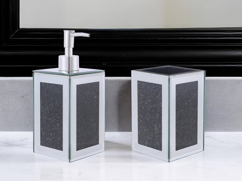 Homeroots Two Piece Black Mirrored Glass Bling Bathroom Accessory Set  Mirrored Glass 571660