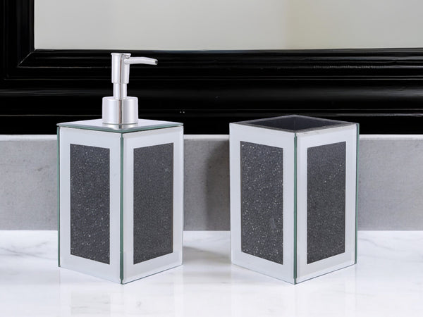 Homeroots Two Piece Black Mirrored Glass Bling Bathroom Accessory Set  Mirrored Glass 571660