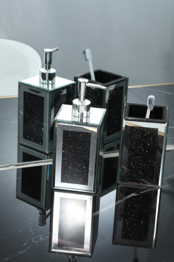 Homeroots Two Piece Black Mirrored Glass Bling Bathroom Accessory Set  Mirrored Glass 571660