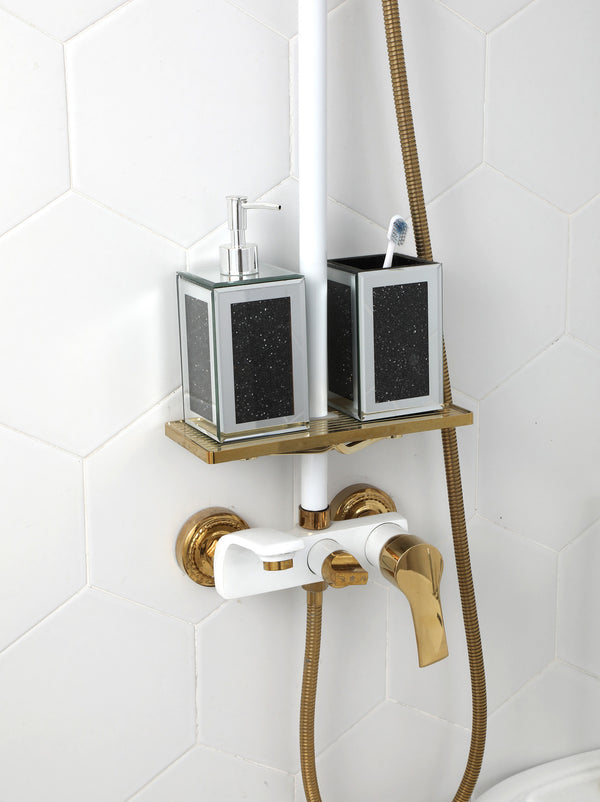 Homeroots Two Piece Black Mirrored Glass Bling Bathroom Accessory Set  Mirrored Glass 571660