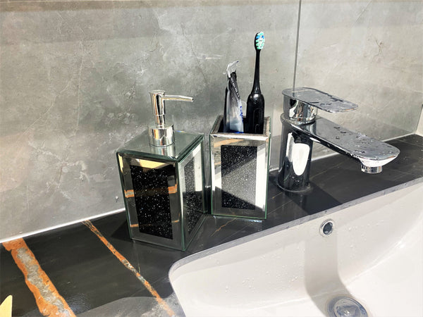 Homeroots Two Piece Black Mirrored Glass Bling Bathroom Accessory Set  Mirrored Glass 571660