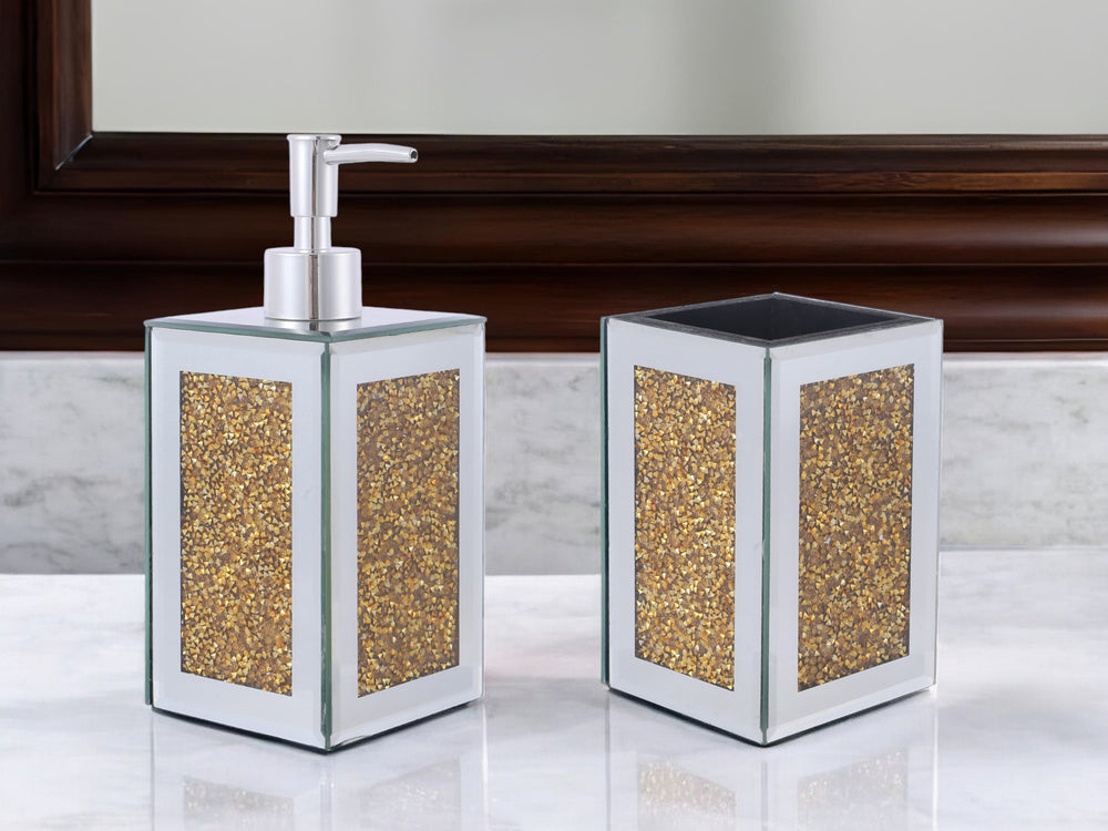 Homeroots Two Piece Gold And Mirrored Glass Bling Bathroom Accessory Set  Mirrored Glass 571661