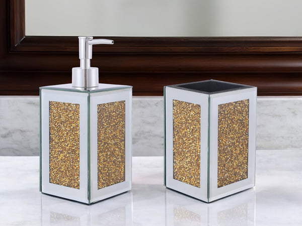 Homeroots Two Piece Gold And Mirrored Glass Bling Bathroom Accessory Set  Mirrored Glass 571661