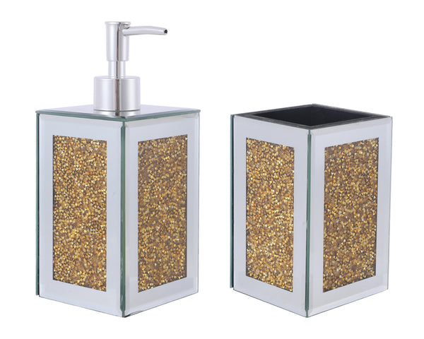 Homeroots Two Piece Gold And Mirrored Glass Bling Bathroom Accessory Set  Mirrored Glass 571661