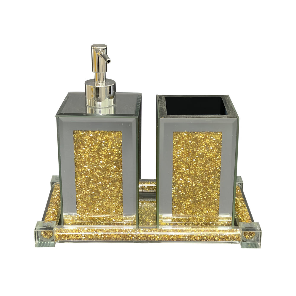 Homeroots Three Piece Clear And Gold Mirrored Glass Bling Bathroom Accessory Set  Mirrored Glass 571663