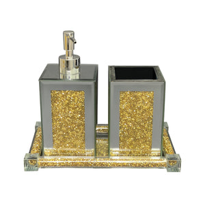 Homeroots Three Piece Clear And Gold Mirrored Glass Bling Bathroom Accessory Set  Mirrored Glass 571663