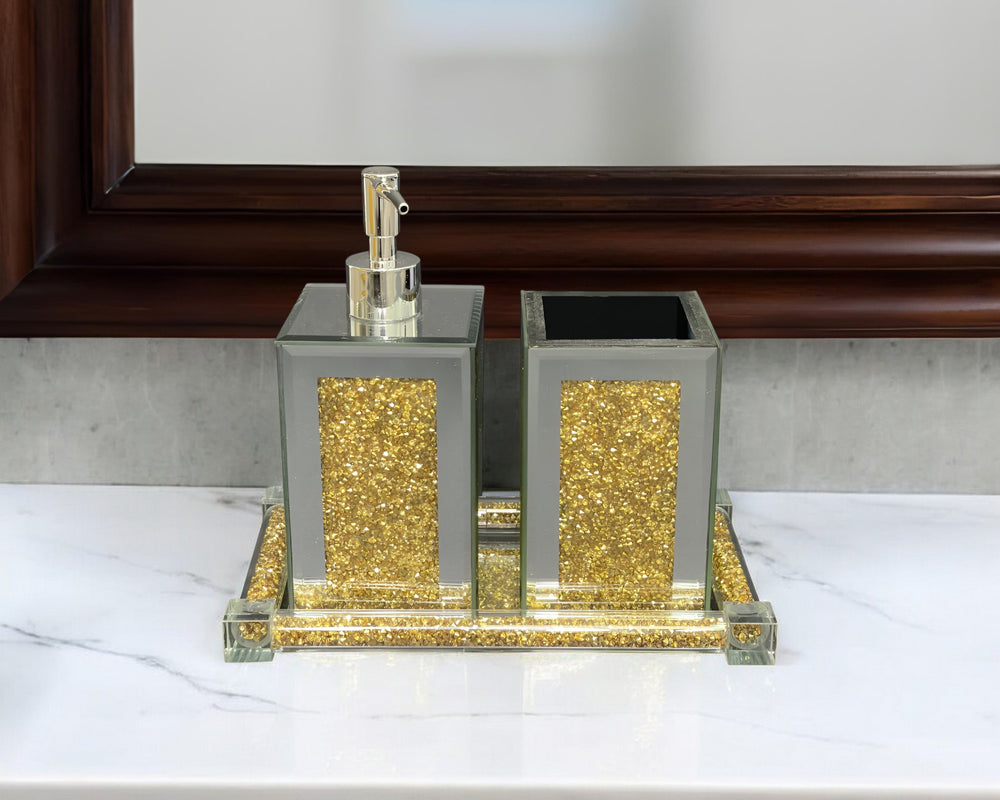 Homeroots Three Piece Clear And Gold Mirrored Glass Bling Bathroom Accessory Set  Mirrored Glass 571663