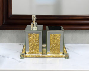 Homeroots Three Piece Clear And Gold Mirrored Glass Bling Bathroom Accessory Set  Mirrored Glass 571663