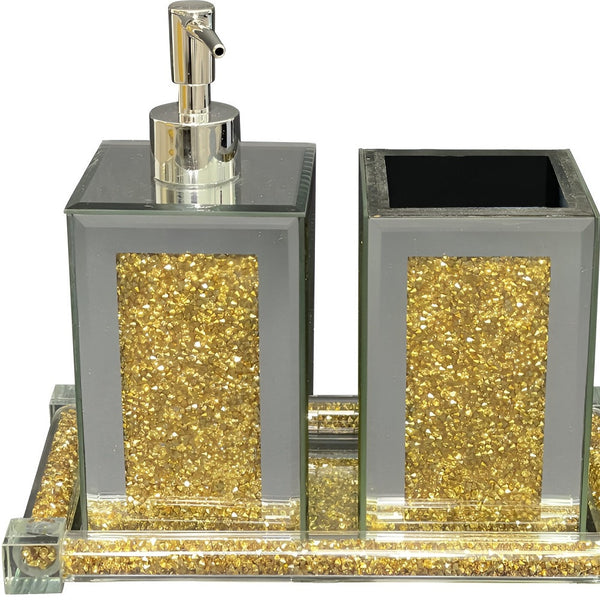 Homeroots Three Piece Clear And Gold Mirrored Glass Bling Bathroom Accessory Set  Mirrored Glass 571663