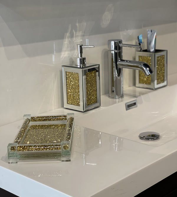 Homeroots Three Piece Clear And Gold Mirrored Glass Bling Bathroom Accessory Set  Mirrored Glass 571663