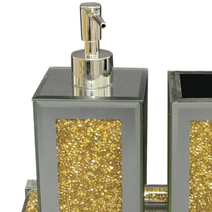 Homeroots Three Piece Clear And Gold Mirrored Glass Bling Bathroom Accessory Set  Mirrored Glass 571663