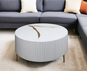 Homeroots 40" Round White And Gold Wood Coffee Table With Glamorous Abstract Design For Modern Living Spaces   571665