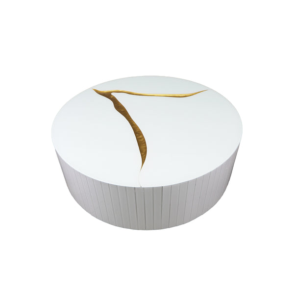 Homeroots 40" Round White And Gold Wood Coffee Table With Glamorous Abstract Design For Modern Living Spaces   571665