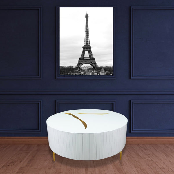 Homeroots 40" Round White And Gold Wood Coffee Table With Glamorous Abstract Design For Modern Living Spaces   571665