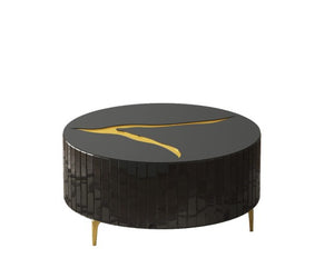 Homeroots 40" Black And Gold Mirrored Glass Round Coffee Table - Modern Chic Design For Stylish Interiors   571666